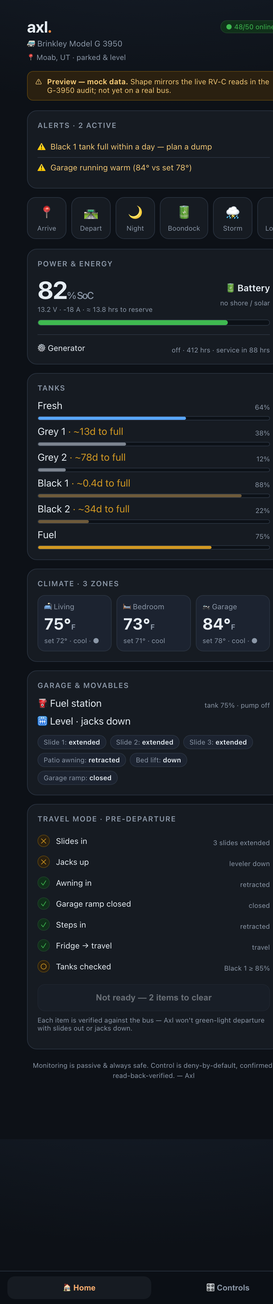 The Axl app showing live RV telemetry on a phone