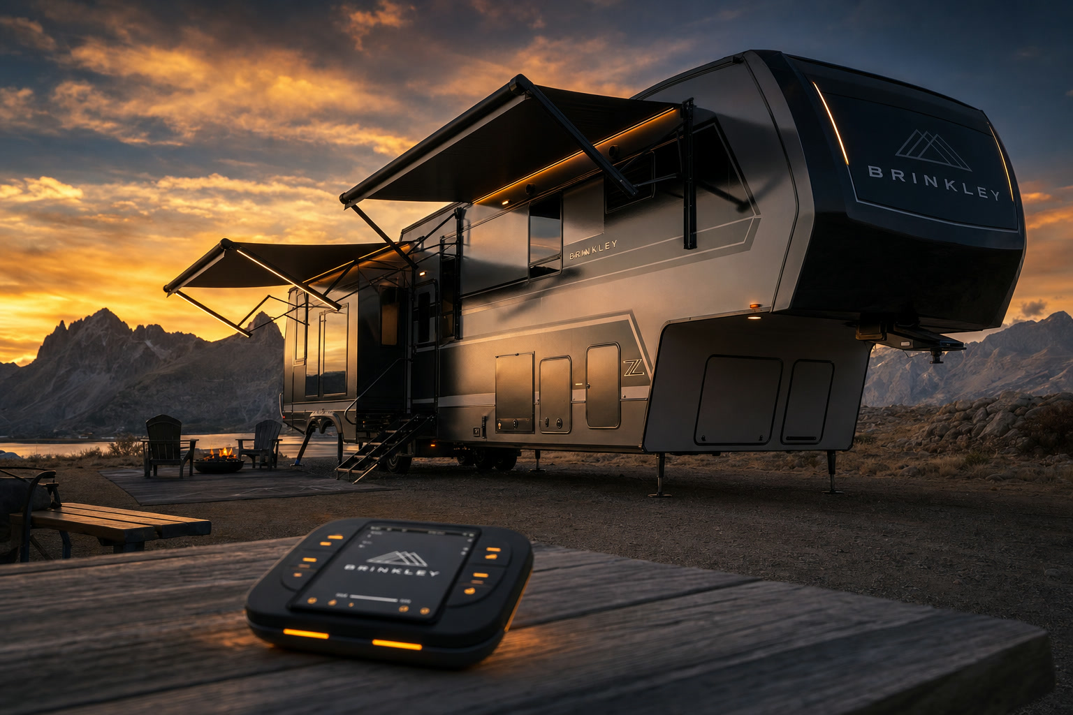 Luxury RV at golden hour with Axl device
